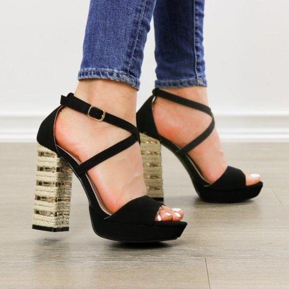 Espadrille Heel Black Open Toe Platform Sandals - Picture 2 of 8